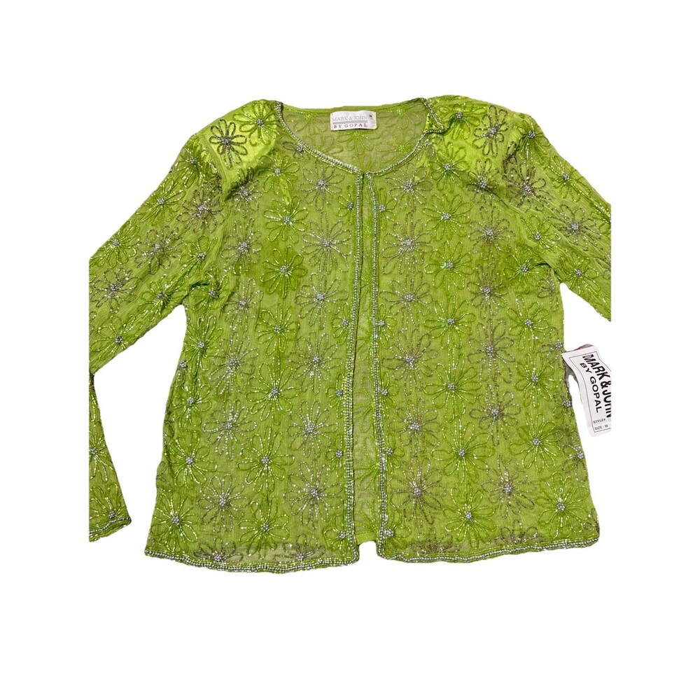 VTG Daisy Flower Beaded Sequin Mesh‎ Green Cardigan by Mark & John by Gopal Sz M